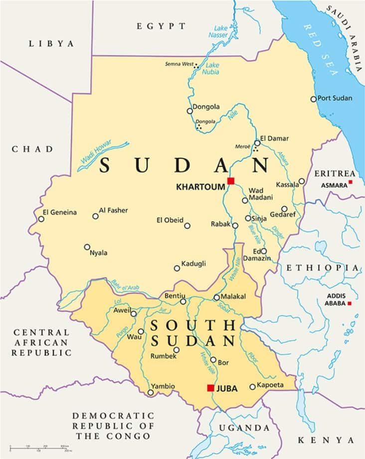 A map of South Sudan showing Sudan to its north